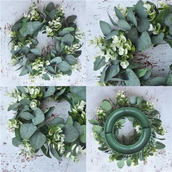 1 Pack Green Eucalyptus Wreath Round Artificial Farmhouse Wreath for Door Wall - Picture 3 of 7